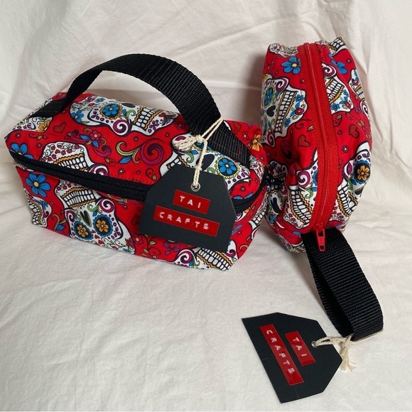 Handmade Handbags - Handmade Accessories Bag Set Red & White Skull pattern with zipper openings. New